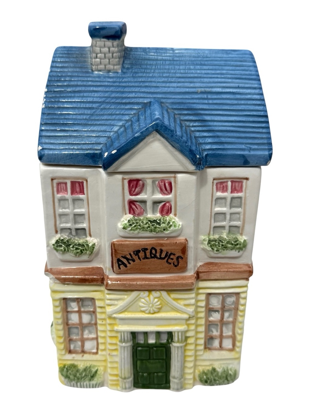 Vintage Antiques Shop Cookie Jar Ceramic Village House Canister Cottage 10”